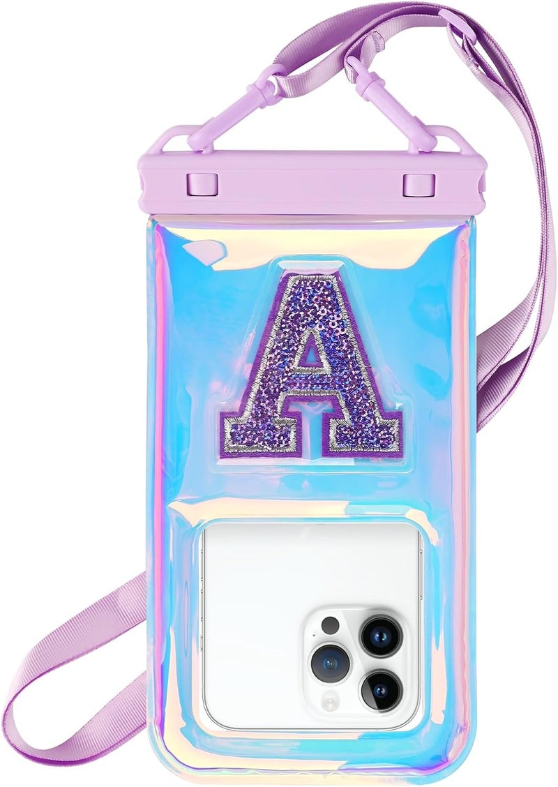 Razobws Waterproof Phone Pouch Floating, IPX68 Waterproof Phone Case with Lanyard for iPhone 16 15 14 13 12 Pro Max Samsung S25 S24 S23 S22, Up to 7 Inch, Beach Vacation Essentials, Sparkling Purple Letter - Image 1